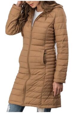 Womens Love Tree  Fitted Puffer Coat Sz Small Jacket Brown Long W/Bag Hood (F14)